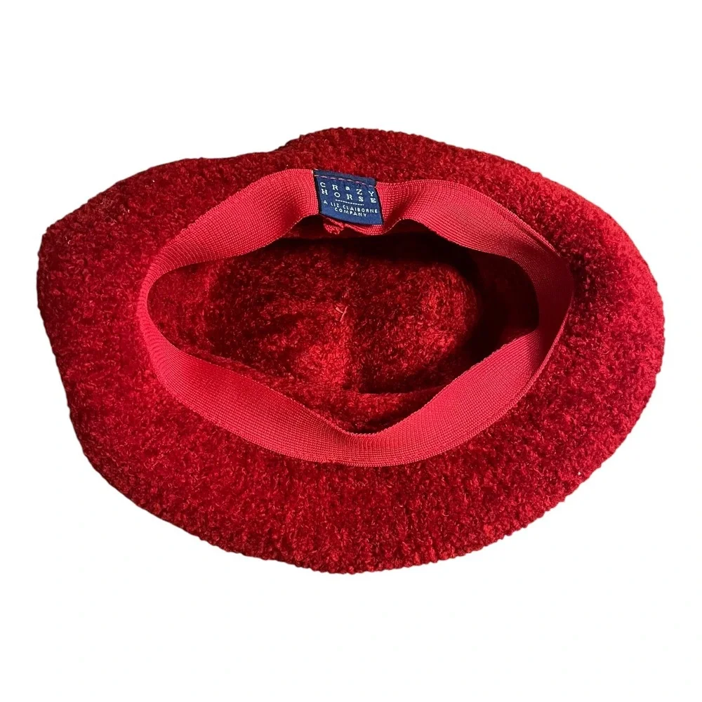 Crazy Horse Liz Claiborne Red Boucle Knit Bucket Hat Vintage Textured Cloche‎